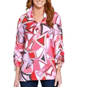 Ali Miles Red & Pink Woven Geometric Button-Front Tunic 3X Lagenlook Artsy Boho